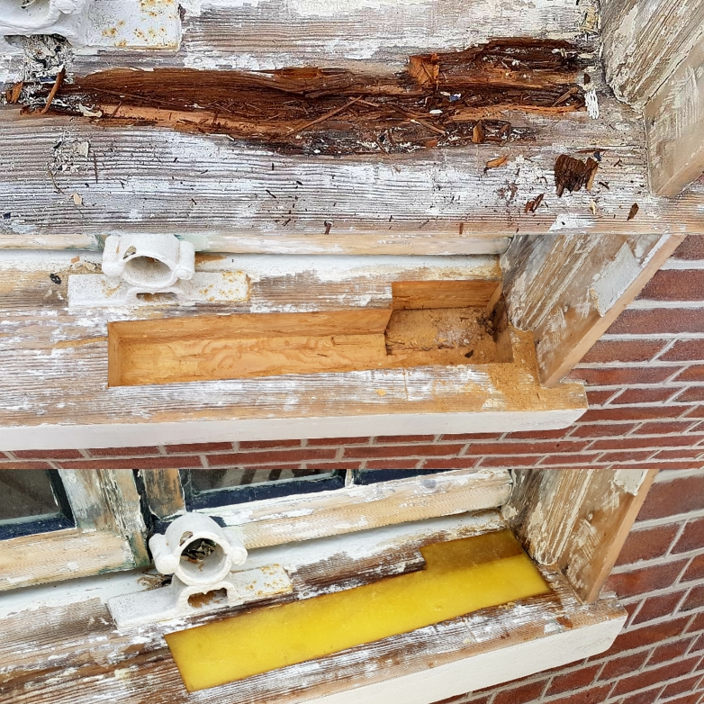 Voor en na: houtrot in een kozijn hersteld met Repair Care, klaar voor de schilder